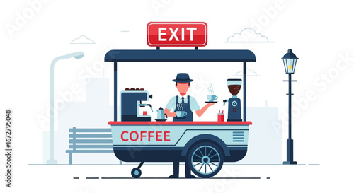 Coffee Vendor Illustration Depicting a Cart on City Streets, Selling Beverages