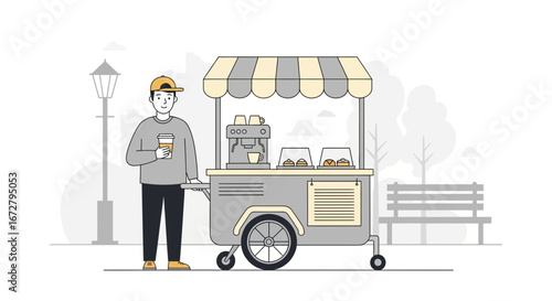 Coffee Vendor Standing Beside His Cart Selling Coffee and Pastries in a Park