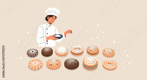 Chef Sprinkling Powder Sugar on Pastries, A Delightful Culinary Presentation of Baked Goods.