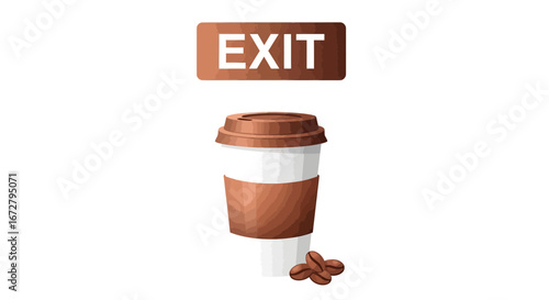 Coffee To Go Sign, Illustration Featuring Exit Symbol, A Caffeine Cup With Beans Beside
