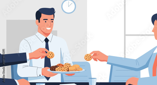 Colleagues Sharing Cookies During A Break In An Office Setting Environment