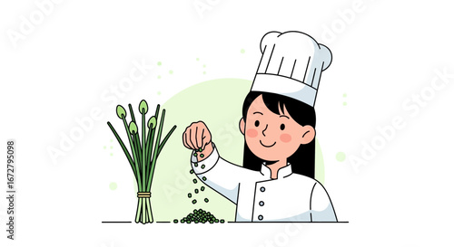 Chef Sprinkling Spices Onto a Plate, Preparing Flavorful Cuisine Illustrated Concept
