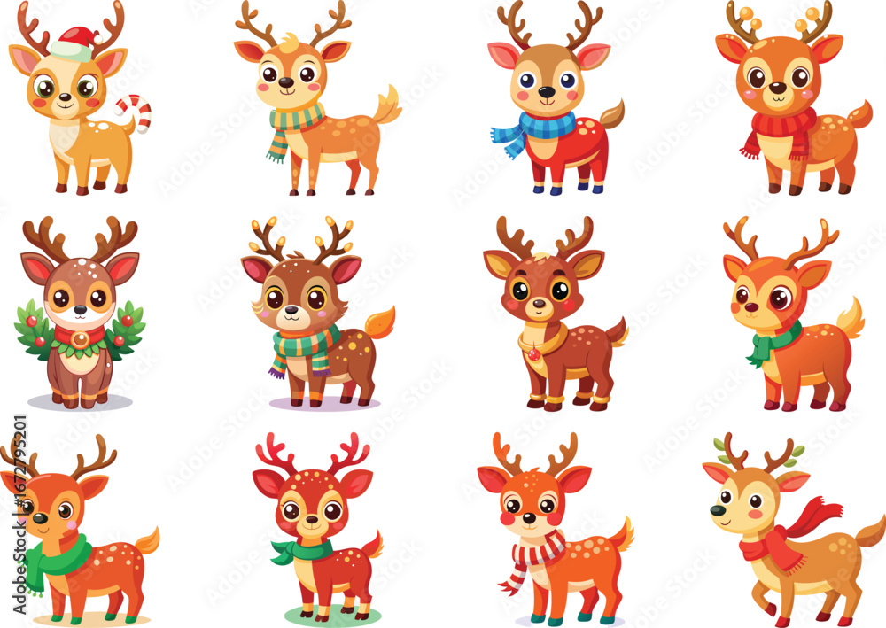 Naklejka premium Cute Christmas Reindeer Cartoon Characters Set on Transparent Background