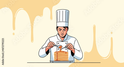 Chef's Artistic Touch: Pouring Syrup Over Pancakes, Creating A Delightful Breakfast