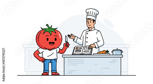 Chef's Assistance Is Given By Tomato Character Ready To Prepare Healthy Dishes Seamlessly