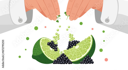 Chef's Garnishing Illustration, A Culinary Creation With Limes, Caviar, And Herbs Presentation