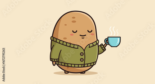 Comfortable Potato Character Enjoys Coffee On A Cozy Morning With Green Sweater