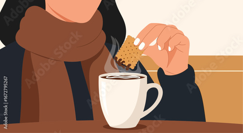 Comforting Break Woman Dips Biscuit In Steaming Mug Hot Drink Winter Concept