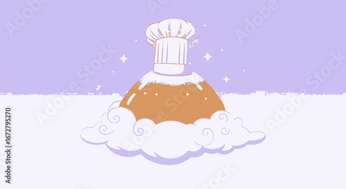 Chef's Hat Ascending Above Delicious Mountain of Yummy Food and Dreamy Clouds