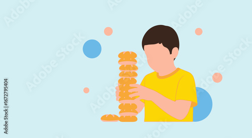 Child Balancing Stack of Breads: Unique Concept for Food and Childhood, a Sweet Treat