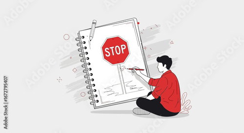 Conceptual Illustration: A Creative Artist Drawing A STOP Sign, Reflecting Caution And Halt