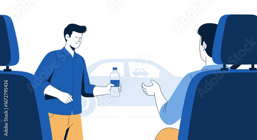 Conceptual Illustration: Man Offering Water To Passenger in Car, Providing Hydration on the Road