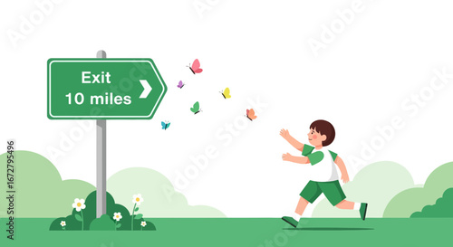 Child Chasing Butterflies Near Sign, Depicting Freedom, Nature, And The Exit's Promise
