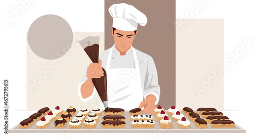 Confectioner Artfully Decorating Exquisite Pastries, Preparing Dessert Creations With Care