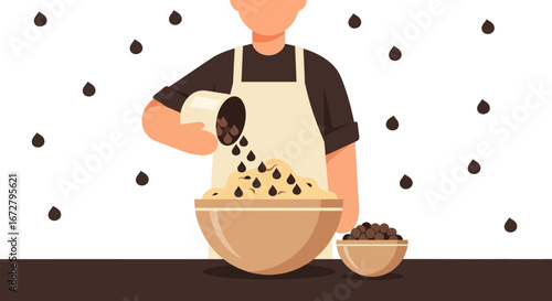 Confectioner Adding Ingredients Into Bowl For Baking Process Delicious Dessert Concept Illustration