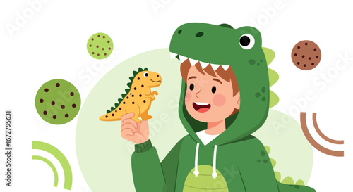 Child Dressed As Dinosaur Holding a Playful Toy Dinosaur Against White Green Background
