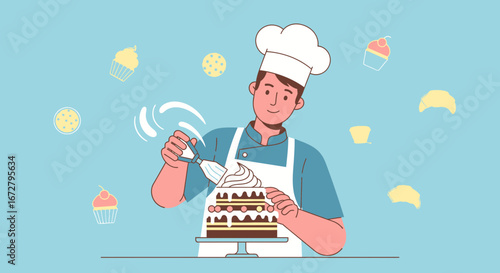 Confectioner Artfully Decorating Layered Cake with Creative Techniques on a Light Background