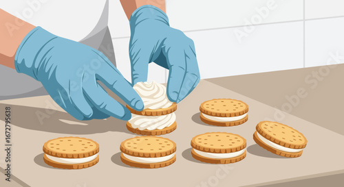 Confectioner Assembling Biscuit Sandwiches With Whipped Cream Filling For Dessert Treat