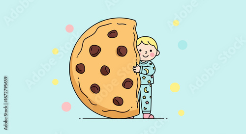 Child Embraces A Cookie With A Smiling Expression And A Pastel Background
