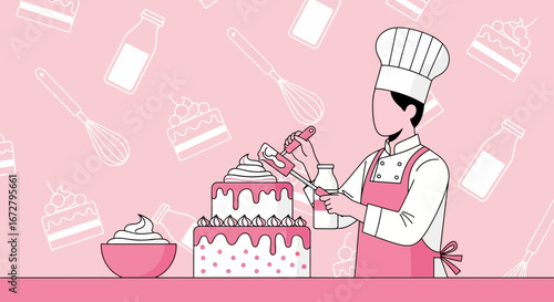 Confectioner Crafting Exquisite Cake Design With Baking Tools And Ingredients