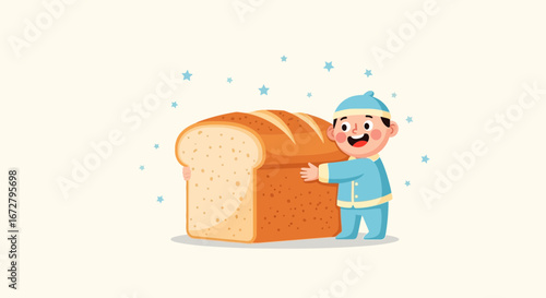 Child Embracing Fresh Bread, Smiling, Surrounded By Starry Embellishments, Illustration