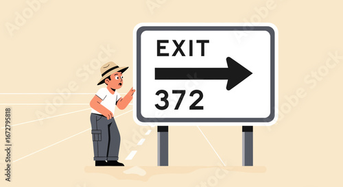 Confused Traveler Examining Highway Exit Sign, Seeking Guidance on a Journey