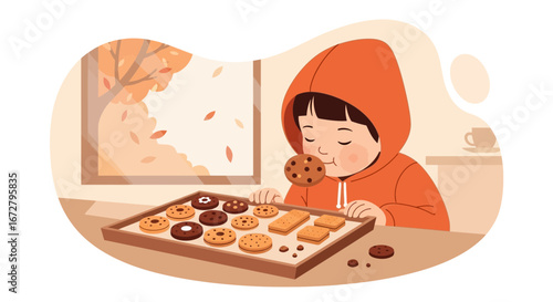 Child Enjoying Freshly Baked Cookies With Autumnal Window Backdrop and Cozy Atmosphere