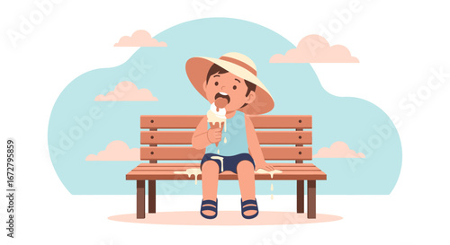 Child Enjoying Ice Cream On A Sunny Day And Sitting On A Bench, Happy Illustration