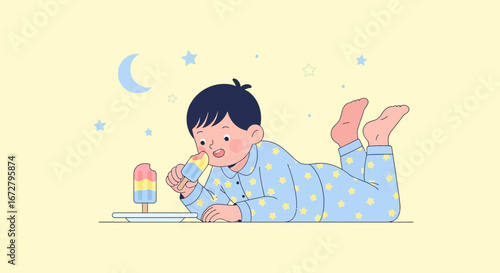 Child Enjoying Popsicle Beneath Crescent Moon and Stars on a Pastel Yellow Background