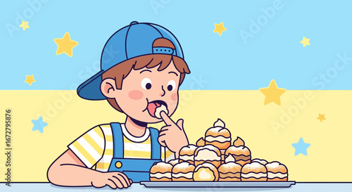 Child Enjoying Sweet Treat With Baked Goodies and Starry Sky Background Design