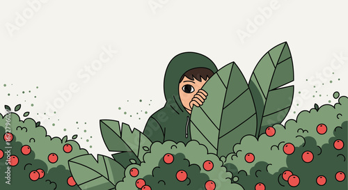 Child Hiding Behind Foliage In A Garden, Artwork Illustrating Secrecy And Peeking