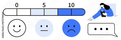 Rating scale from 0-10, happy, neutral, and sad faces for feedback, woman with clipboard, speech bubble. Ideal for customer experience, surveys, emotions feedback user research engagement simple