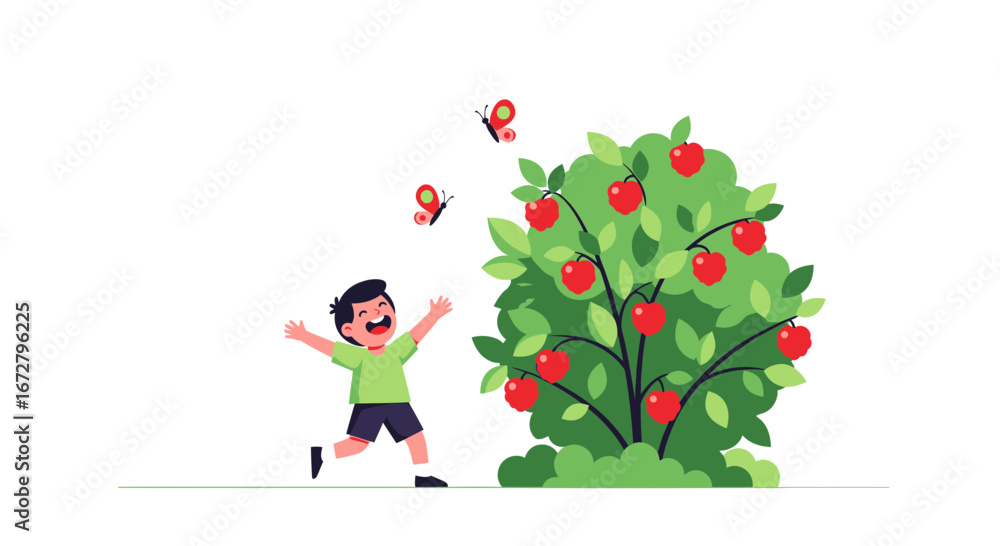 Fototapeta premium Child Joyfully Interacting With Apples And Butterflies In Green, Cute Illustration