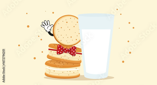 Cookie Mascot With a Bowtie Enjoying a Glass of Milk Next to a Stack of Cookies