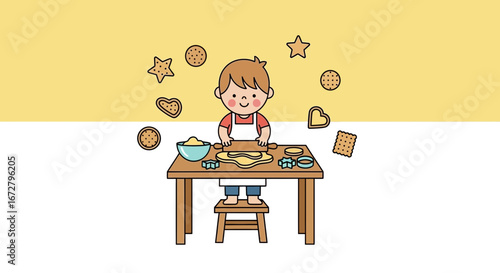 Child Joyfully Baking Cookies On Table Delightful Food Preparation Illustration