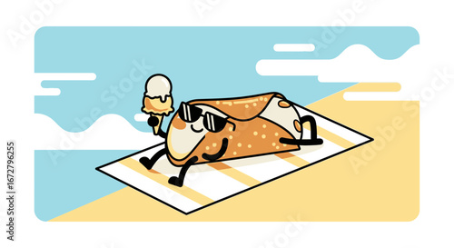 Cool Cannoli Character Chilling On Beach Towel With Ice Cream Cartoon