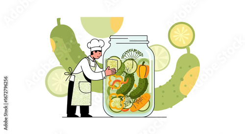 Cooking Professional Preparing Pickles And Vegetables With Culinary Expertise In Jar