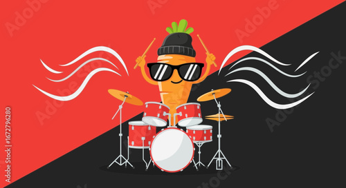 Cool Carrot Drummer Performing On A Colorful Band Set With Stylish Sunglasses