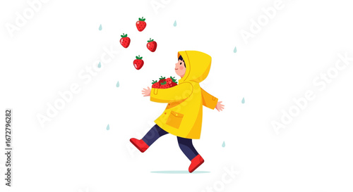 Child Joyfully Walking In The Rain With Strawberries, A Whimsical Illustration