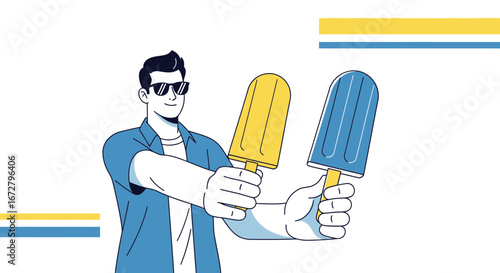 Cool Guy Holding Summer Ice Popsicles On A Bright, Sunny Day With Style