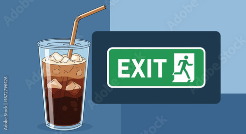 Cool Iced Coffee Next To An Emergency Exit Sign Symbolizing A Refreshing Dismissal
