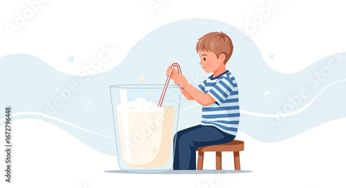 Child Preparing A Refreshing Drink With A Straw And Watching The Bubbles Rising, Smiling Face