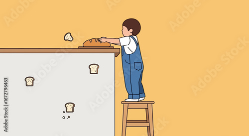 Child Reaching For a Loaf of Bread, Standing on a Stool, in a Simple Artistic Style