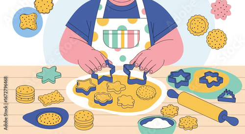 Child Preparing Cookies with Cookie Cutters in a Baking Illustration