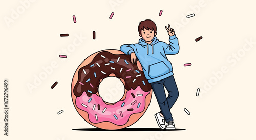 Cool Young Person Leaning Against a Gigantic, Delicious, Donut With Sprinkles