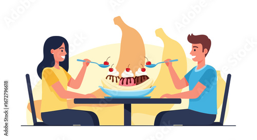 Couple Enjoying a Delicious Banana Split Dessert Together at a Cozy Table Setting