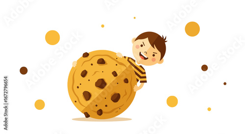 Child Smiling Behind A Gigantic Cookie, Enjoying A Sweet Treat With Enthusiasm