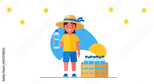 Child With Hat Holding Bottled Water With Crate, Sunny Weather, Vector Illustration