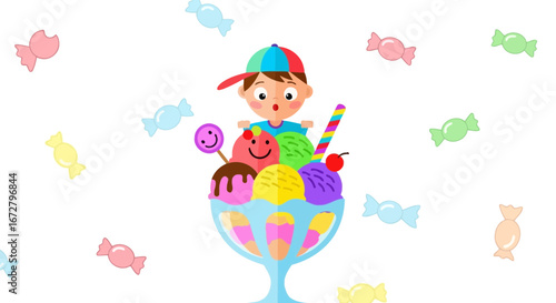 Child With Massive Ice Cream Sundae, Sweet Treats, and Cartoon Candy Elements