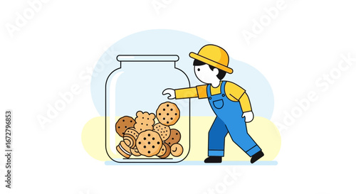 Child With Overalls Reaching Inside Glass Jar Grabbing Delicious Cookies Illustration
